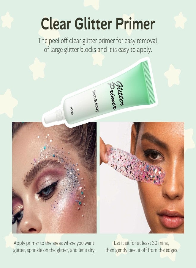 FREEORR Glitter Makeup Set for Hair, Face and Body, 6 in 1 Metallic Shimmer Kit Include Glitter Primer and Eyeshadow Palette, 2 Pack Shimmer Powder, Eyeliner, Long Wearing Sparkle Festival Makeup - Image 3